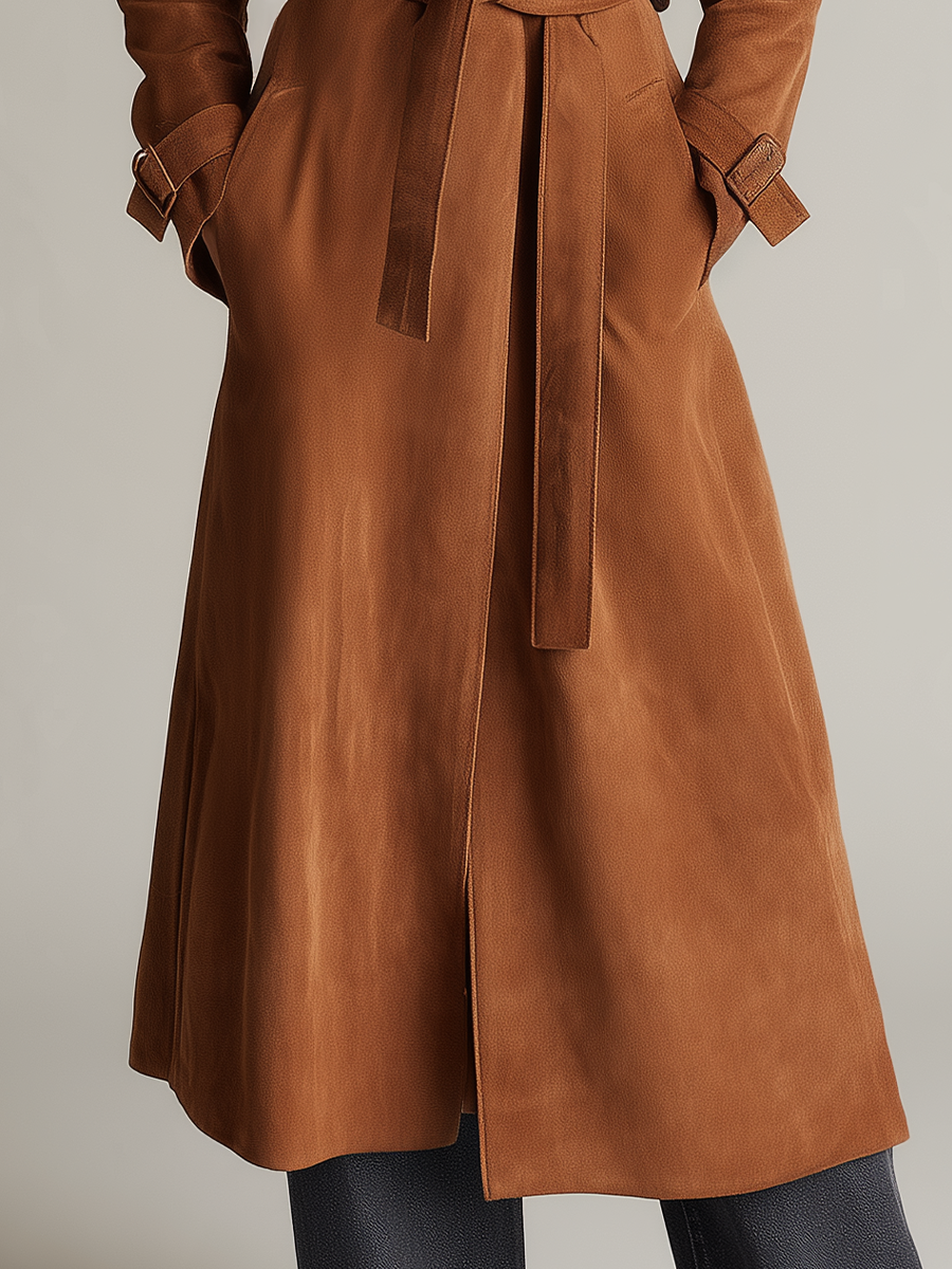 Gabardina del Oeste Cognac de Gamuza con Flecos y Cinturón