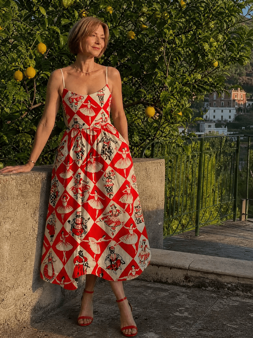 Virelina | Vestido Midi sin Mangas con Estampado de Diamantes