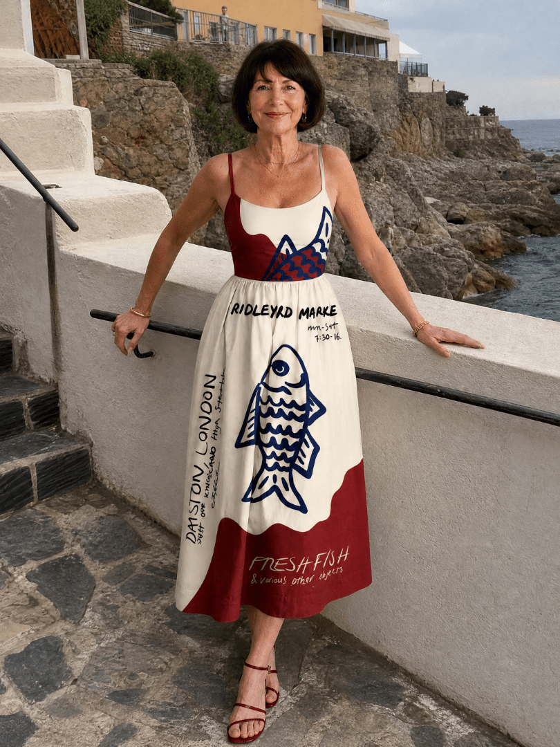 Eiope | Vestido Midi sin Mangas con Estampado de Peces