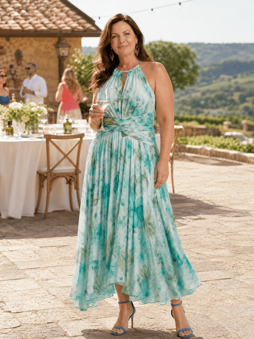 Portia | Vestido Midi Plisado con Escote Halter