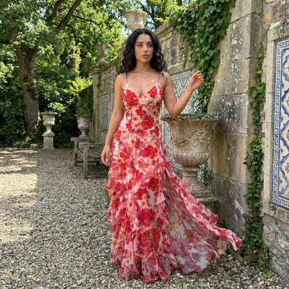 Cyranne - Vestido maxi con estampado floral y volantes