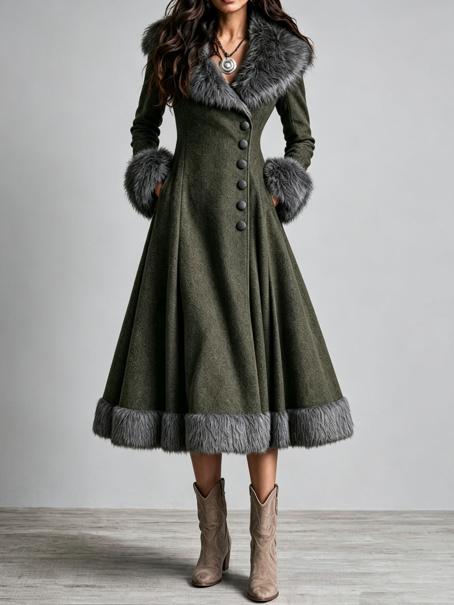Abrigo Vestido Largo Bohemio del Oeste de Lana con Ribete de Piel, Cintura Entallada y Falda Acampanada