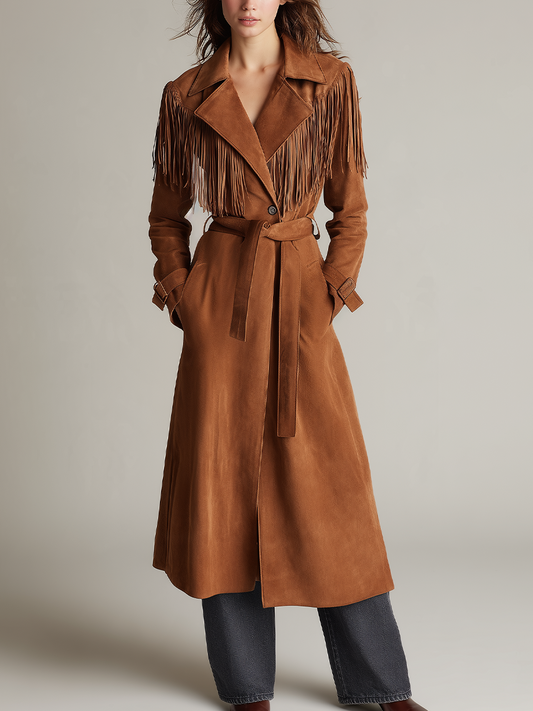 Gabardina del Oeste Cognac de Gamuza con Flecos y Cinturón
