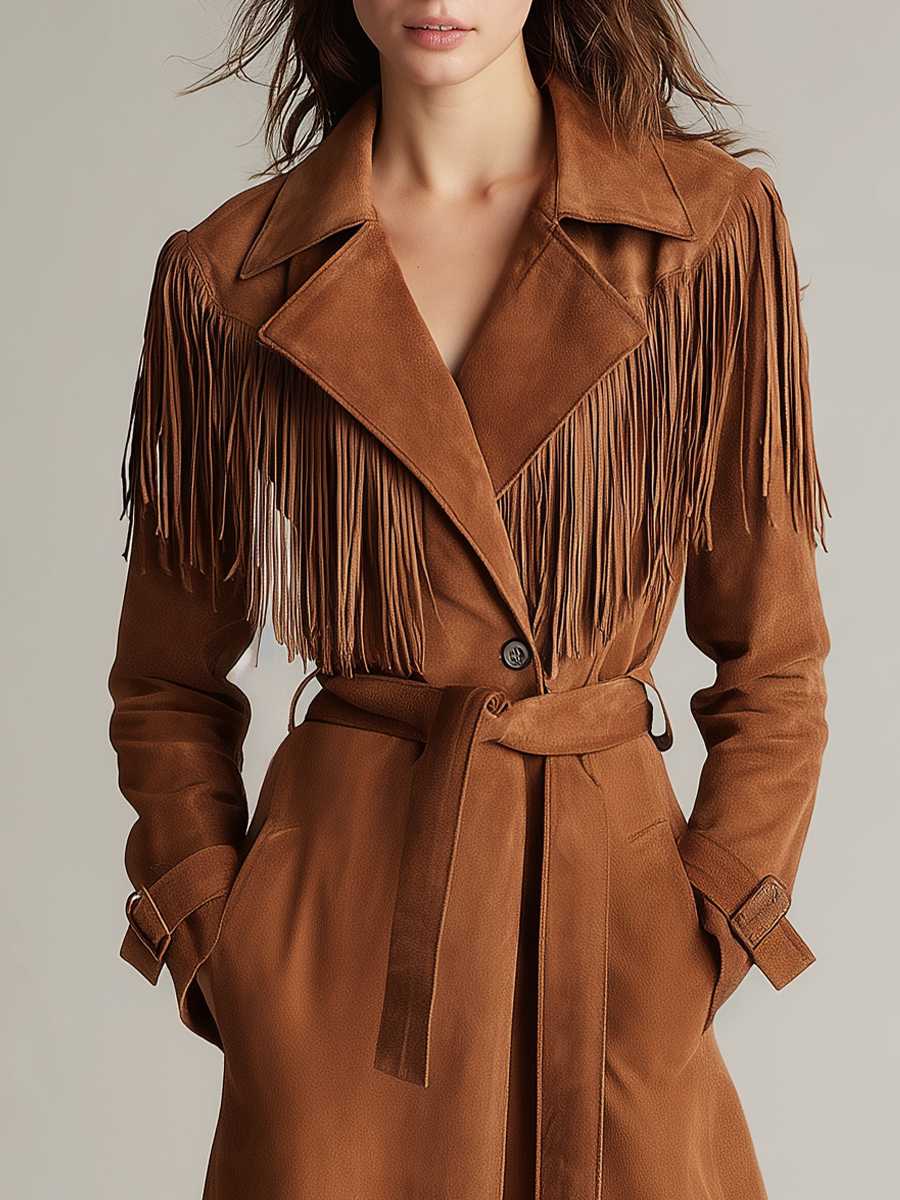 Gabardina del Oeste Cognac de Gamuza con Flecos y Cinturón