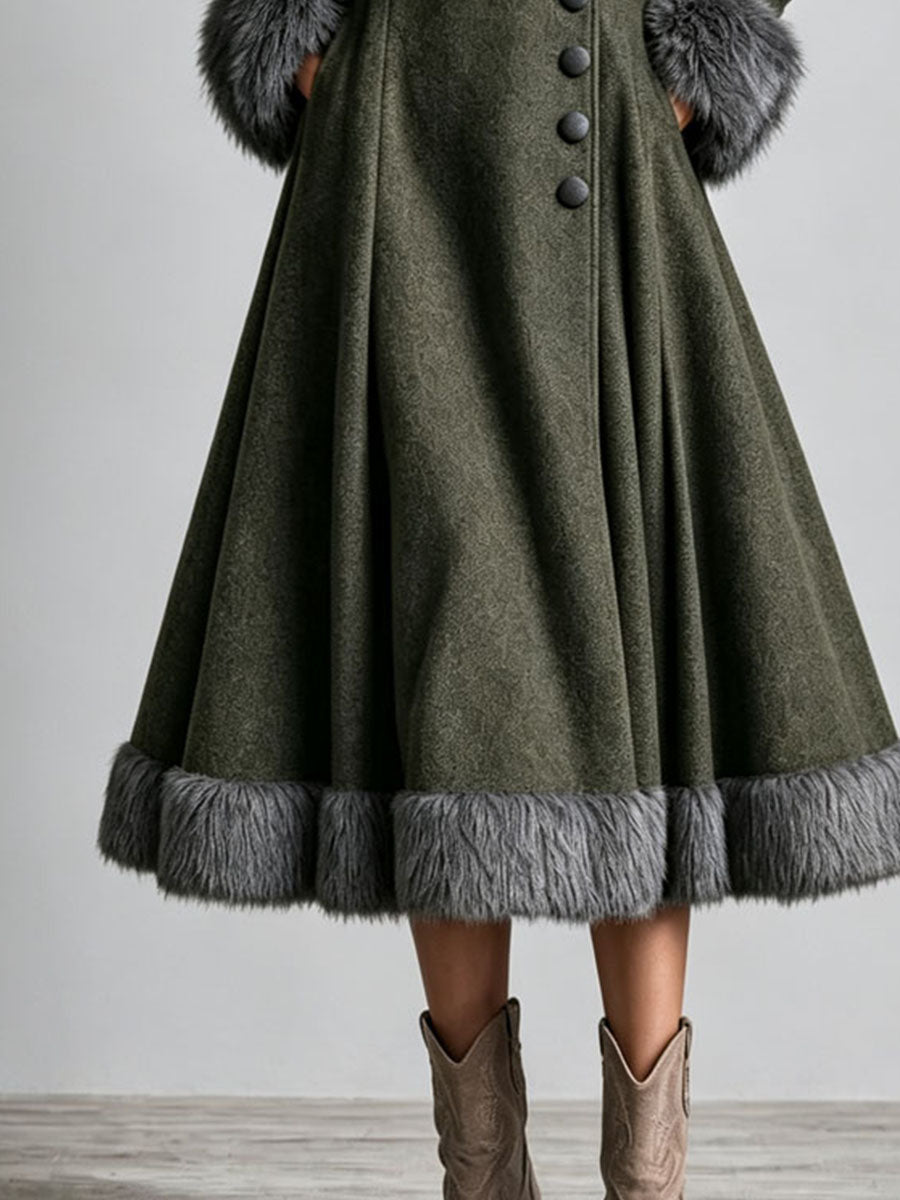 Abrigo Vestido Largo Bohemio del Oeste de Lana con Ribete de Piel, Cintura Entallada y Falda Acampanada