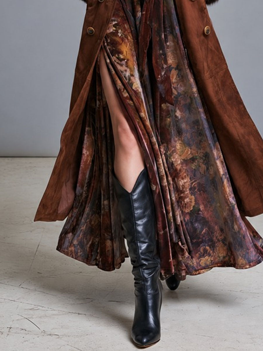 Gabardina Bohemio del Oeste de Gamuza con Ribete de Piel y Doble Botón