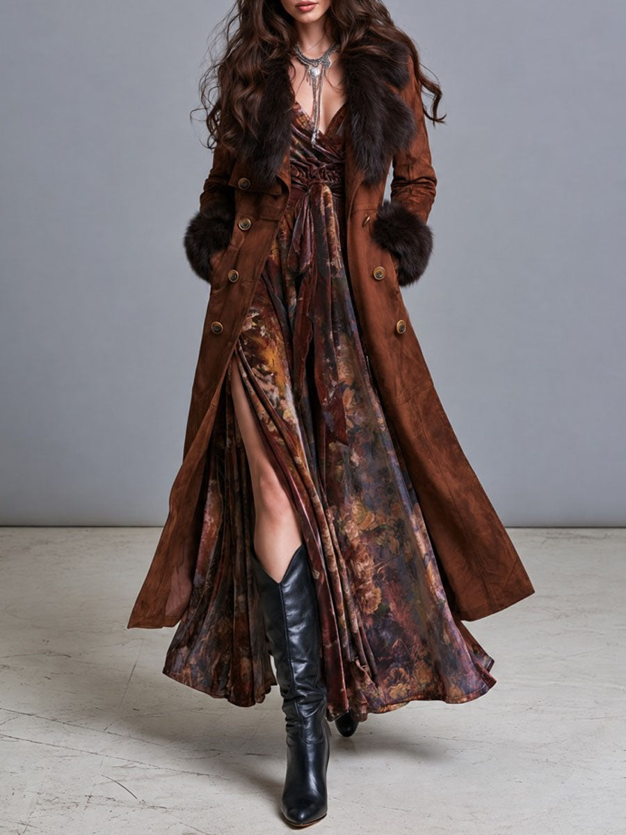 Gabardina Bohemio del Oeste de Gamuza con Ribete de Piel y Doble Botón