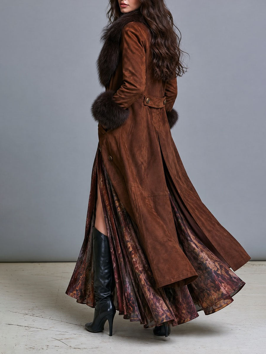 Gabardina Bohemio del Oeste de Gamuza con Ribete de Piel y Doble Botón