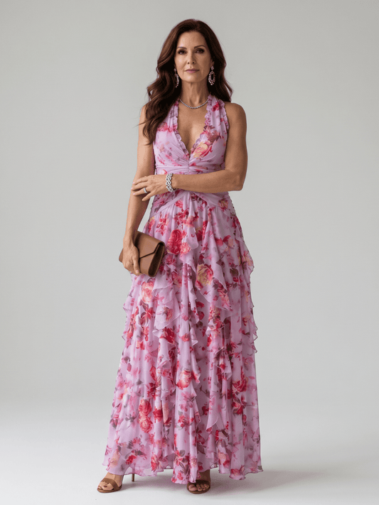 Nori | Vestido Maxi Floral con Escote Halter y Corpiño Fruncido