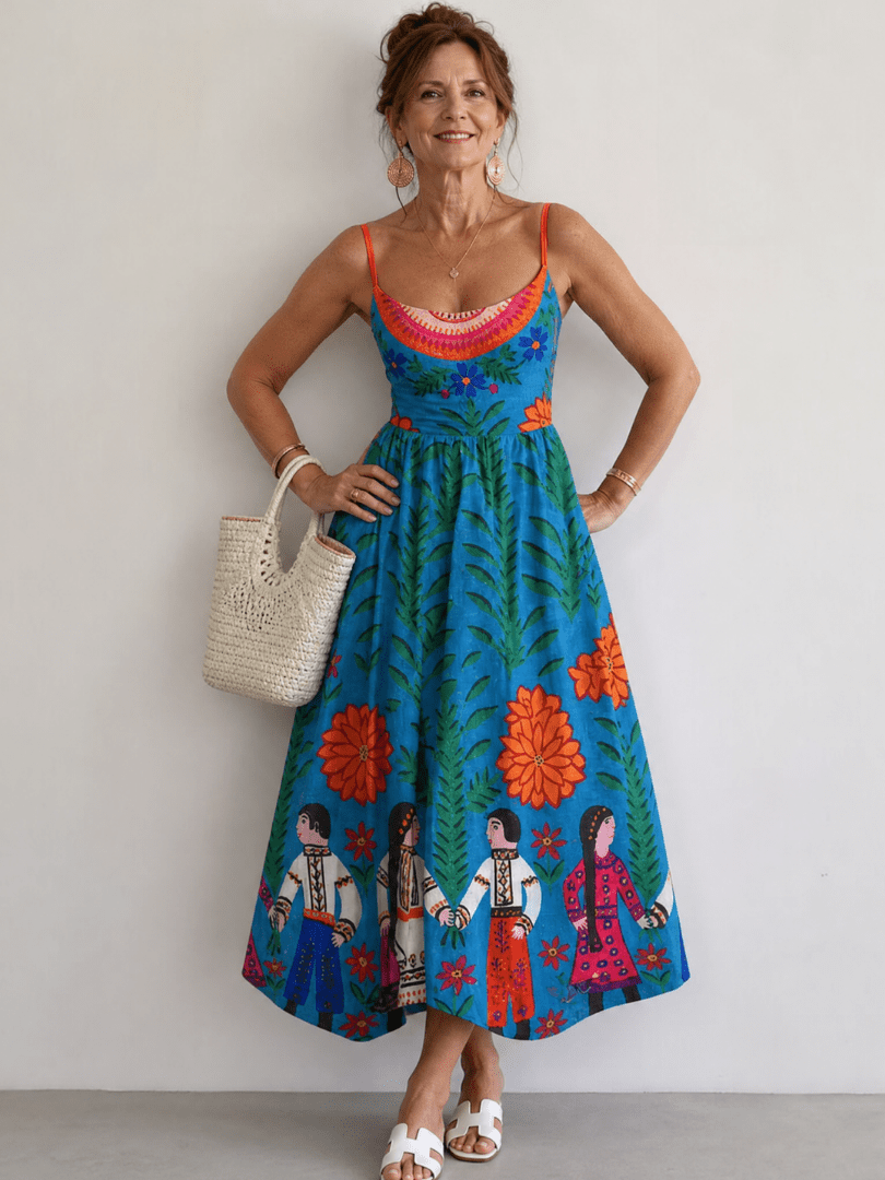 Xylienne | Vestido Midi sin Mangas con Estampado Folk
