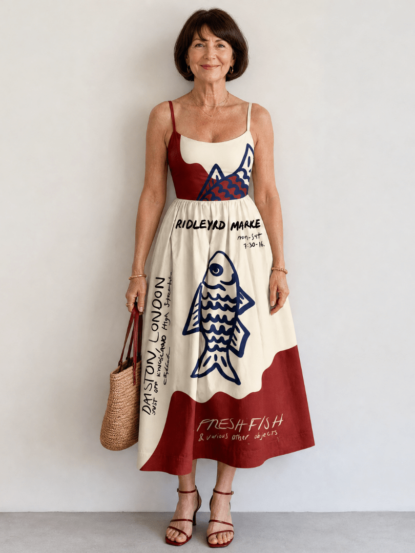 Eiope | Vestido Midi sin Mangas con Estampado de Peces