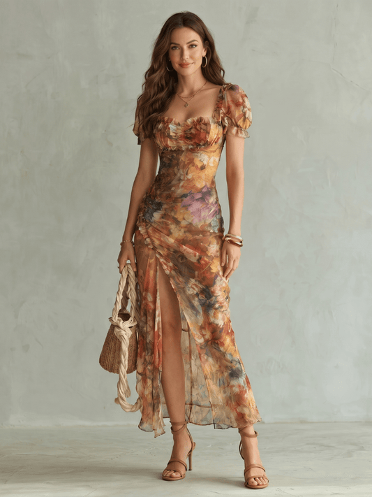 Ciel | Vestido Midi con Mangas Fruncidas y Abertura