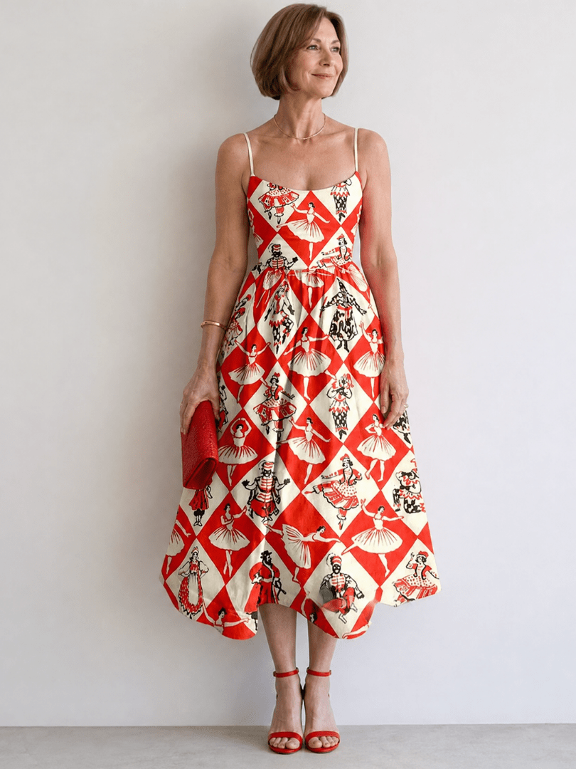 Virelina | Vestido Midi sin Mangas con Estampado de Diamantes
