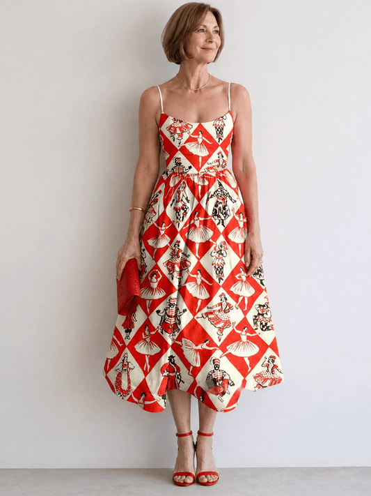 Virelina | Vestido Midi sin Mangas con Estampado de Diamantes