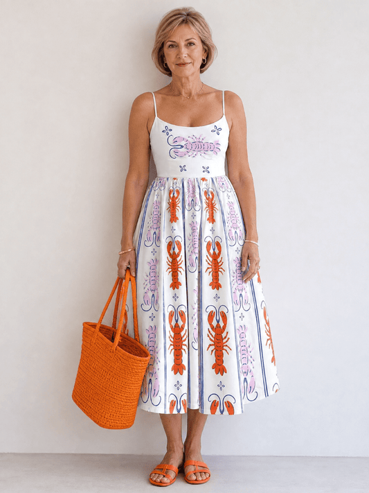 Coralyse | Vestido Midi sin Mangas con Estampado de Langosta