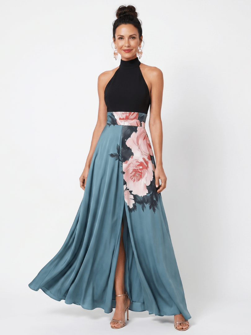Olympas | Vestido Maxi con Cuello Halter y Falda Floral