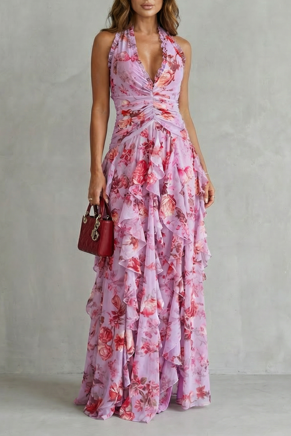 Bella | Romántica Cascada de Rosas Vestido Largo con Escote Halter