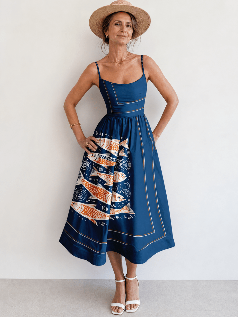 Calythene | Vestido Midi sin Mangas con Estampado de Peces