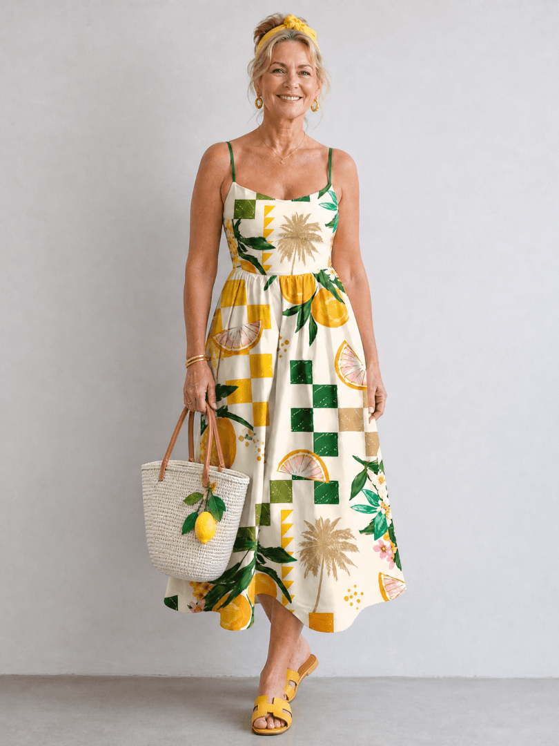 Aurexia | Vestido Midi sin Mangas con Estampado Cítrico