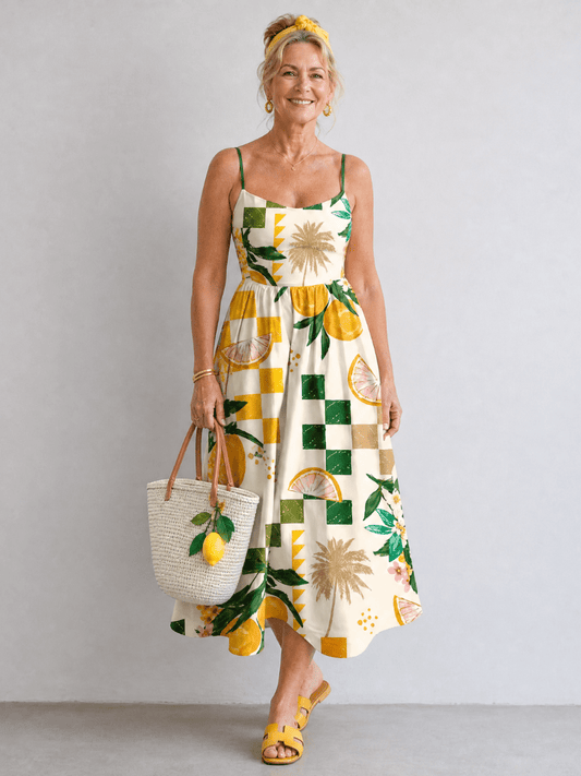 Aurexia | Vestido Midi sin Mangas con Estampado Cítrico