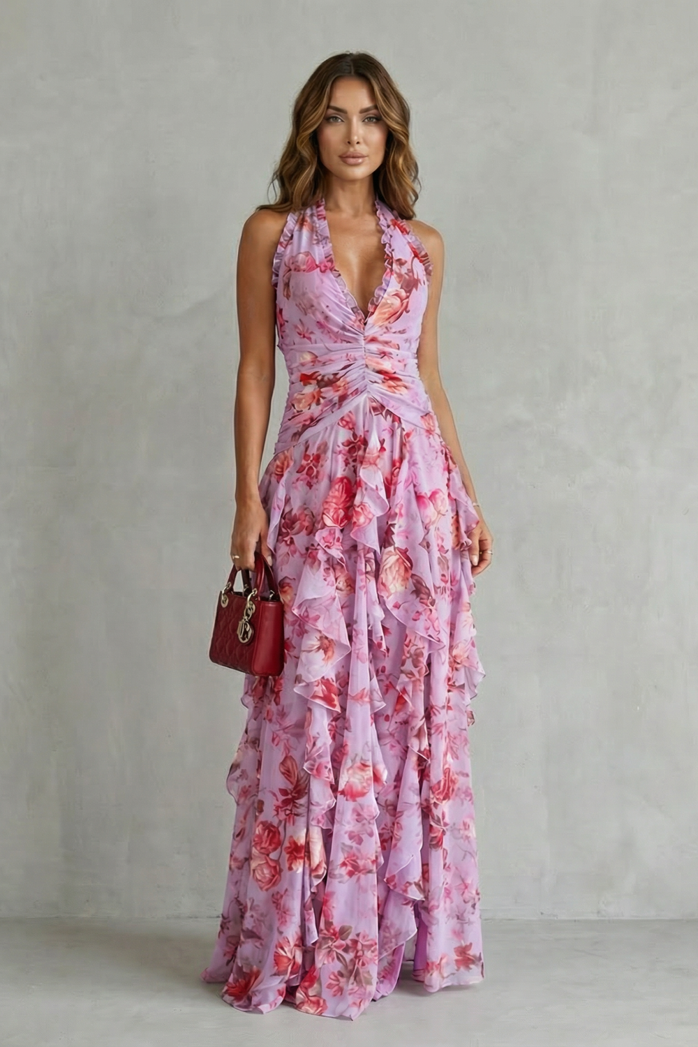Bella | Romántica Cascada de Rosas Vestido Largo con Escote Halter