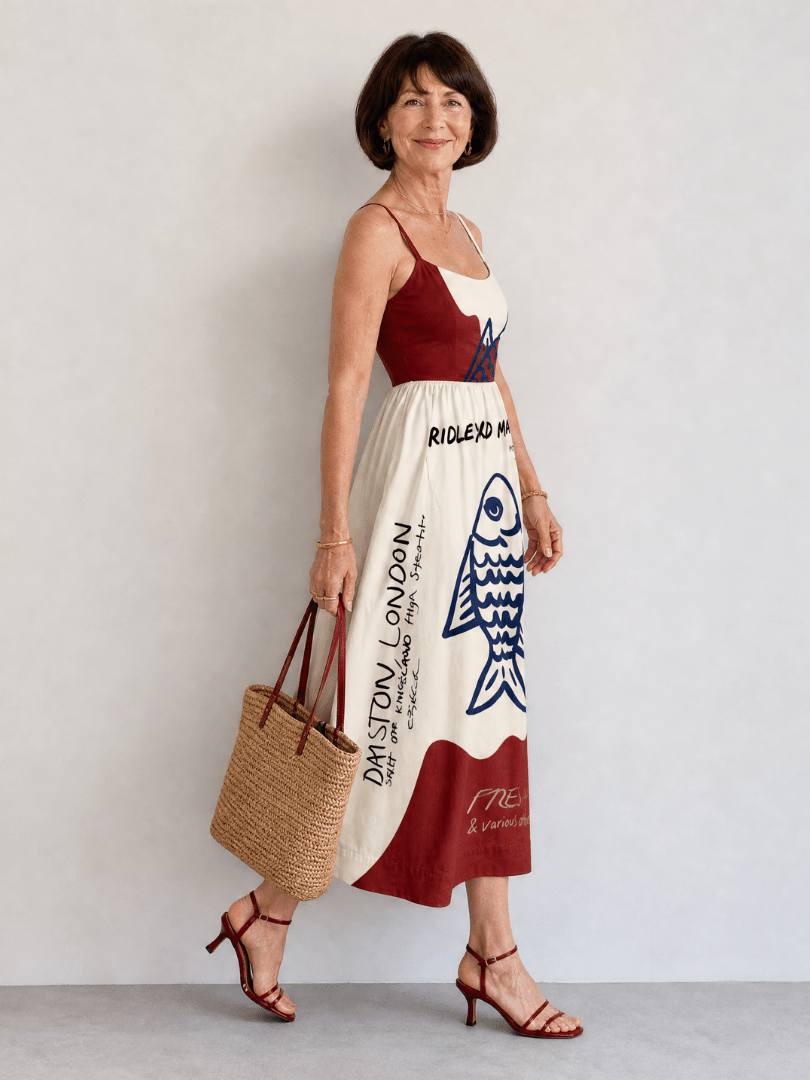 Eiope | Vestido Midi sin Mangas con Estampado de Peces