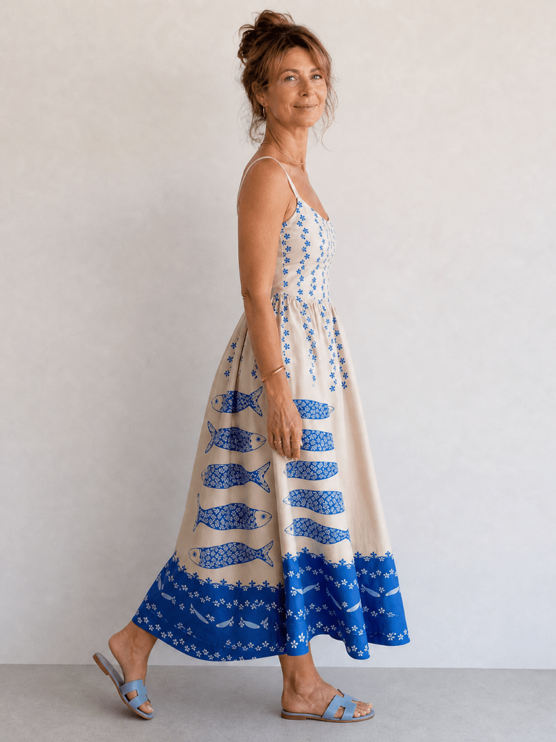 Mukara | Vestido Midi sin Mangas con Estampado de Peces