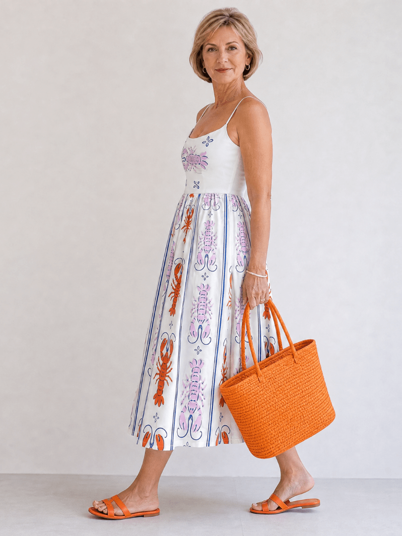 Coralyse | Vestido Midi sin Mangas con Estampado de Langosta