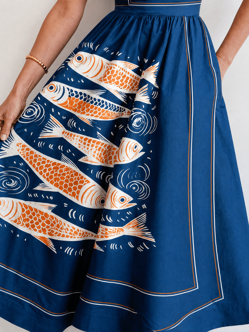 Calythene | Vestido Midi sin Mangas con Estampado de Peces