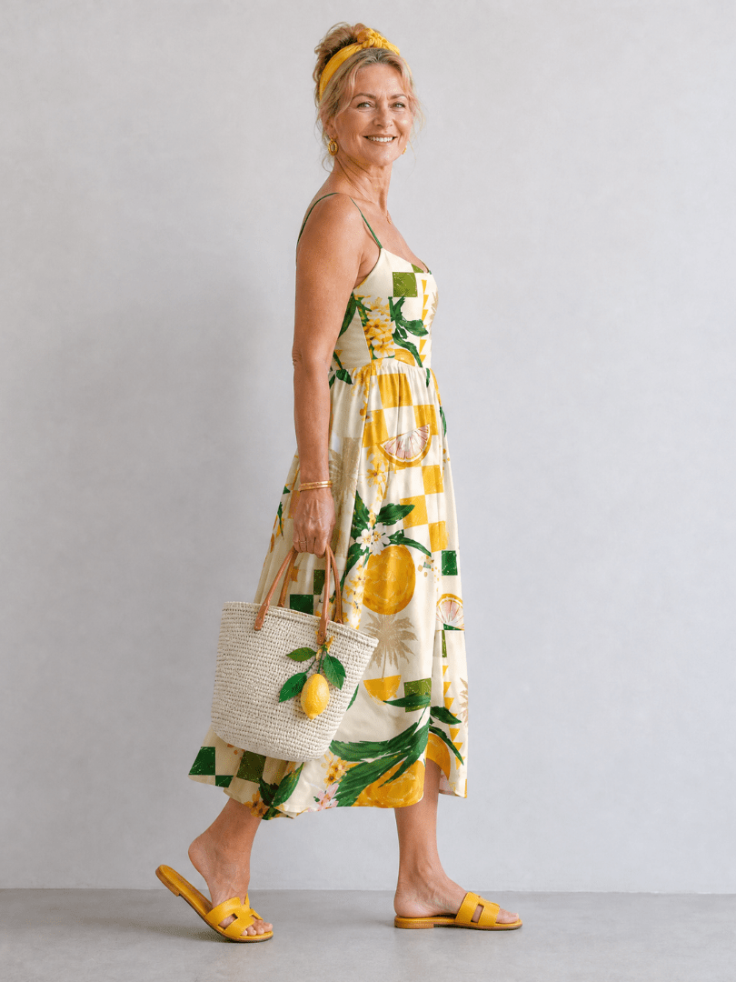 Aurexia | Vestido Midi sin Mangas con Estampado Cítrico