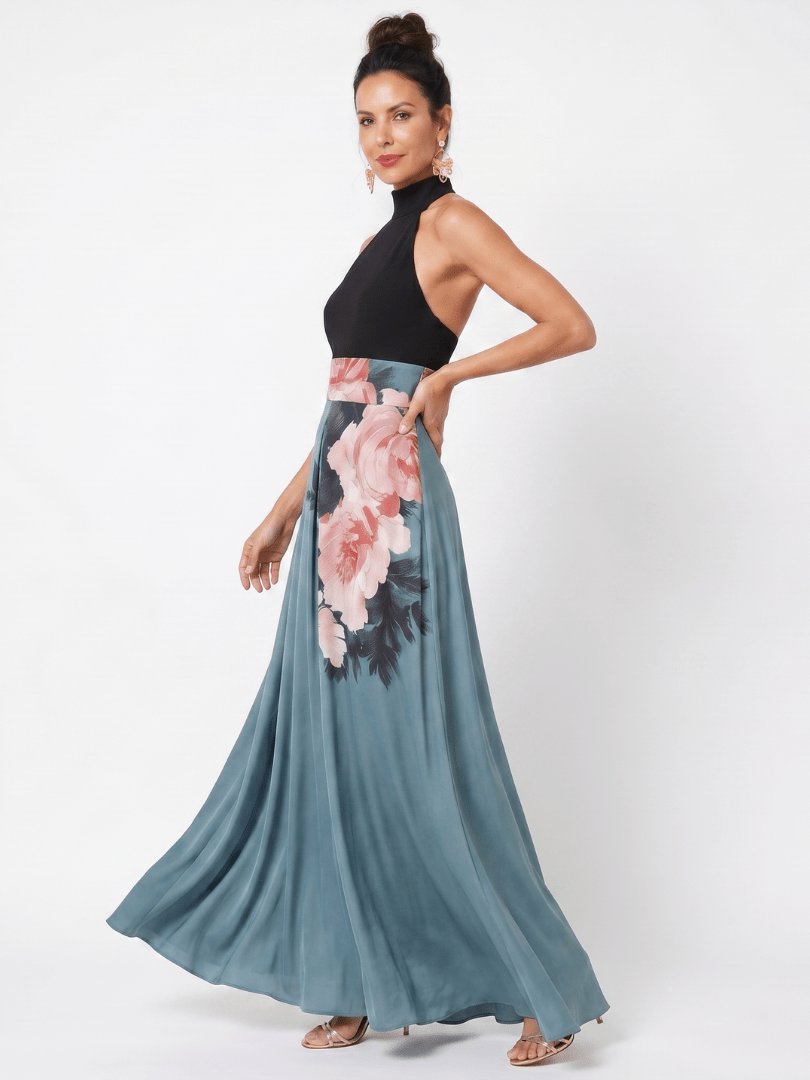 Olympas | Vestido Maxi con Cuello Halter y Falda Floral