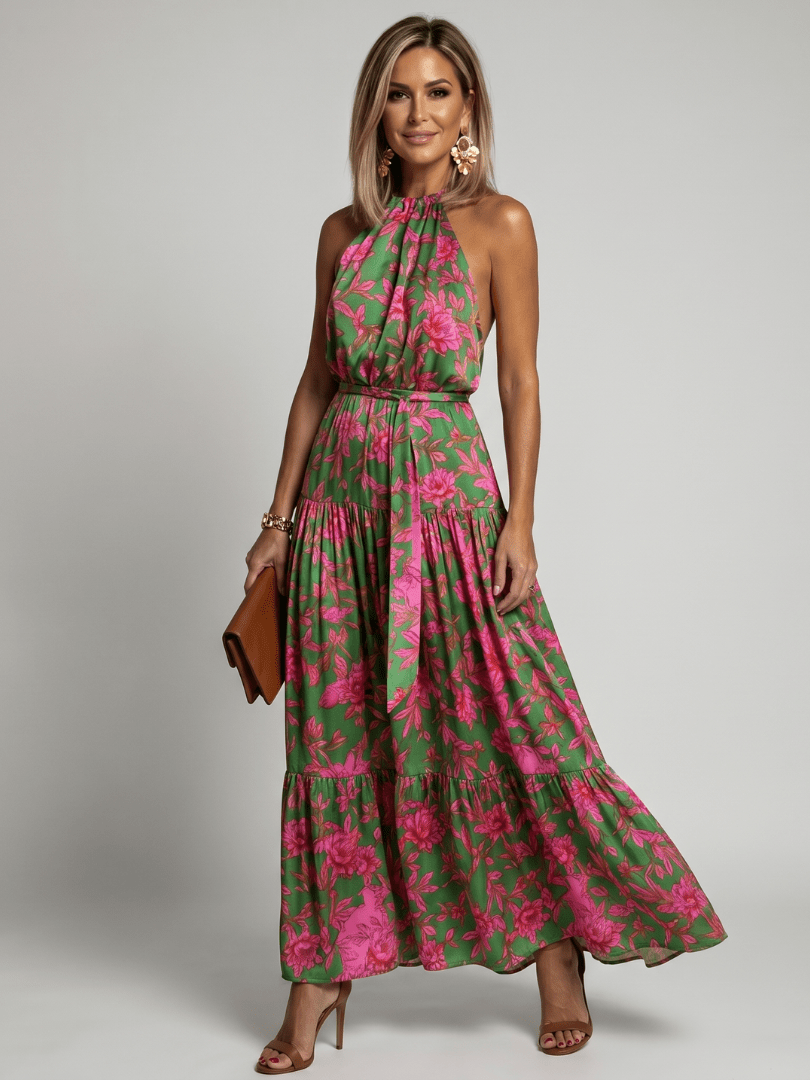 Rowen | Vestido Midi Drapeado con Escote Halter