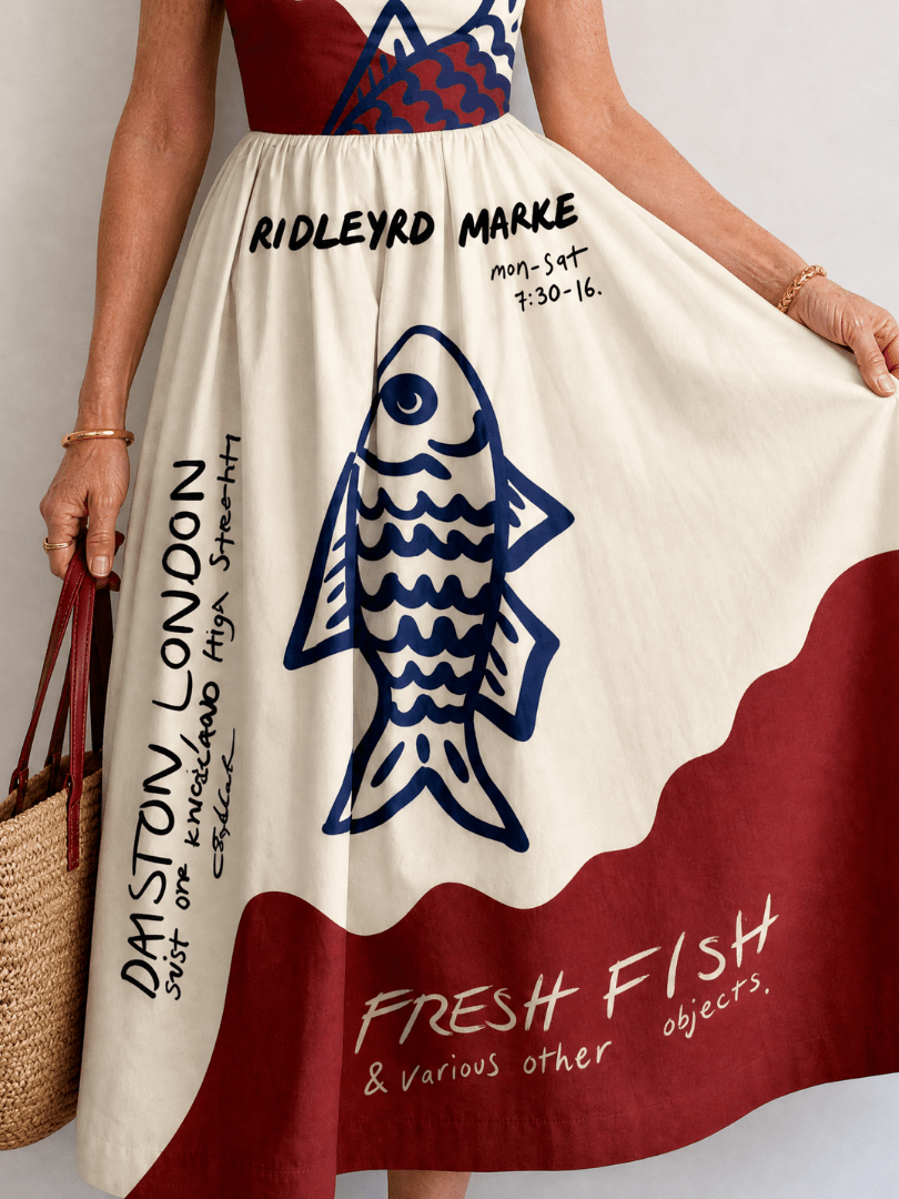 Eiope | Vestido Midi sin Mangas con Estampado de Peces