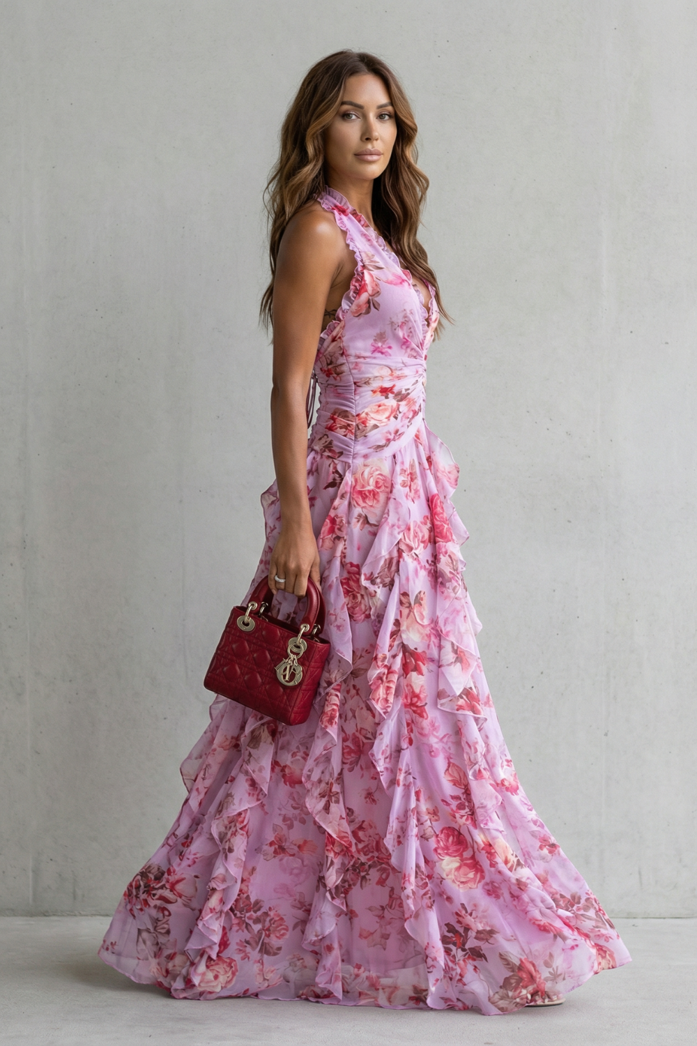 Bella | Romántica Cascada de Rosas Vestido Largo con Escote Halter