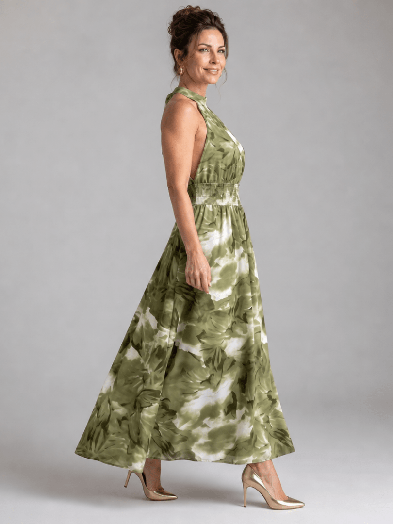 Olivia | Vestido Midi de Cintura Fruncida con Estampado Abstracto