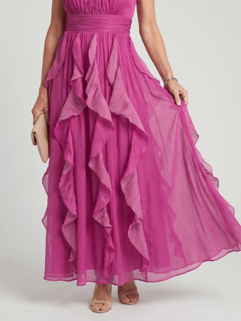 Orea | Vestido Maxi de Cuello Alto con Capas de Volantes Fruncidos