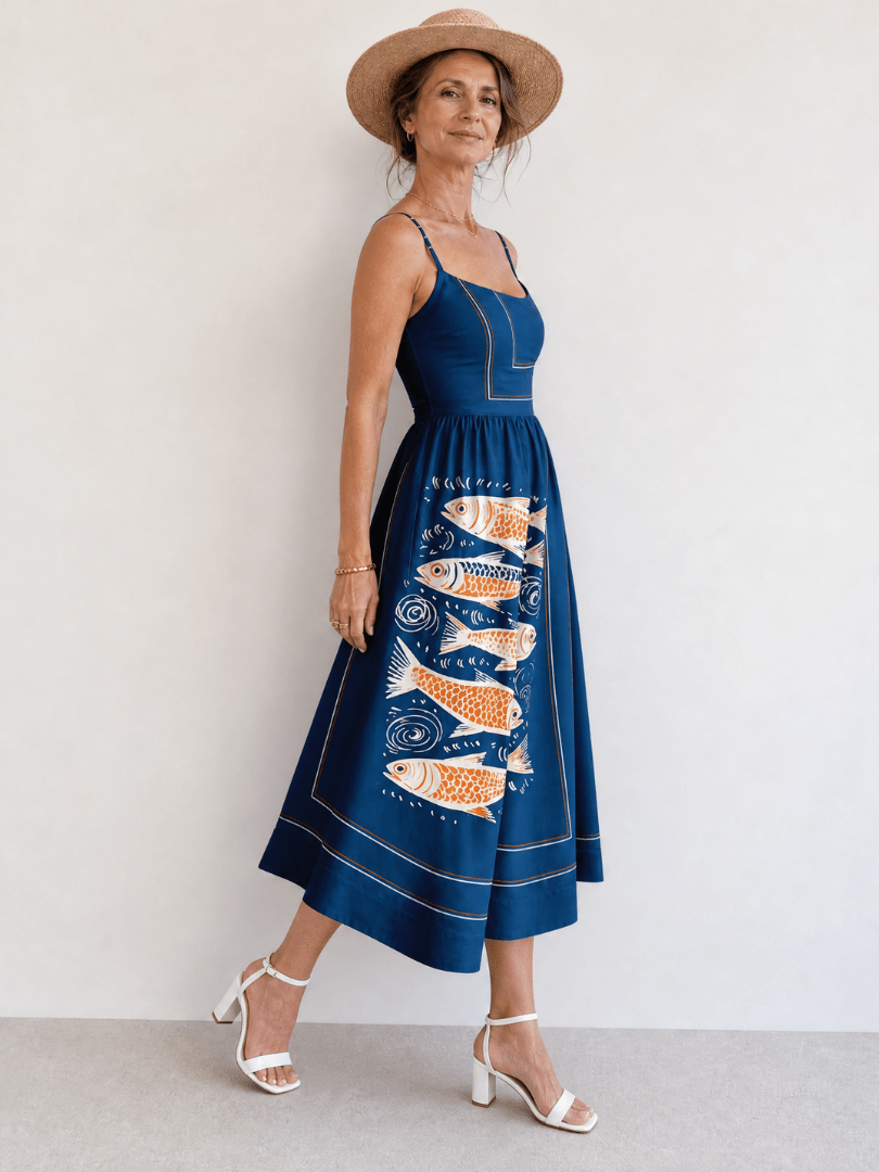 Calythene | Vestido Midi sin Mangas con Estampado de Peces