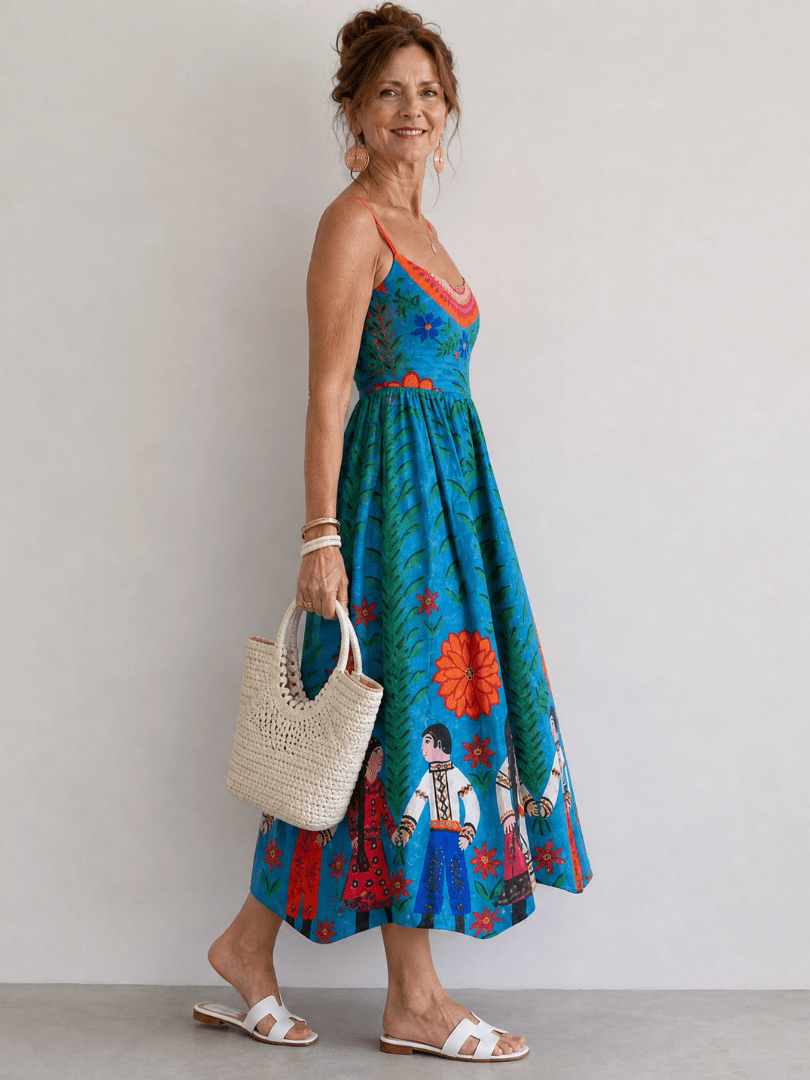 Xylienne | Vestido Midi sin Mangas con Estampado Folk