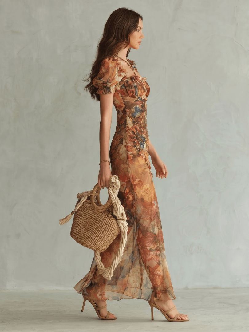 Ciel | Vestido Midi con Mangas Fruncidas y Abertura