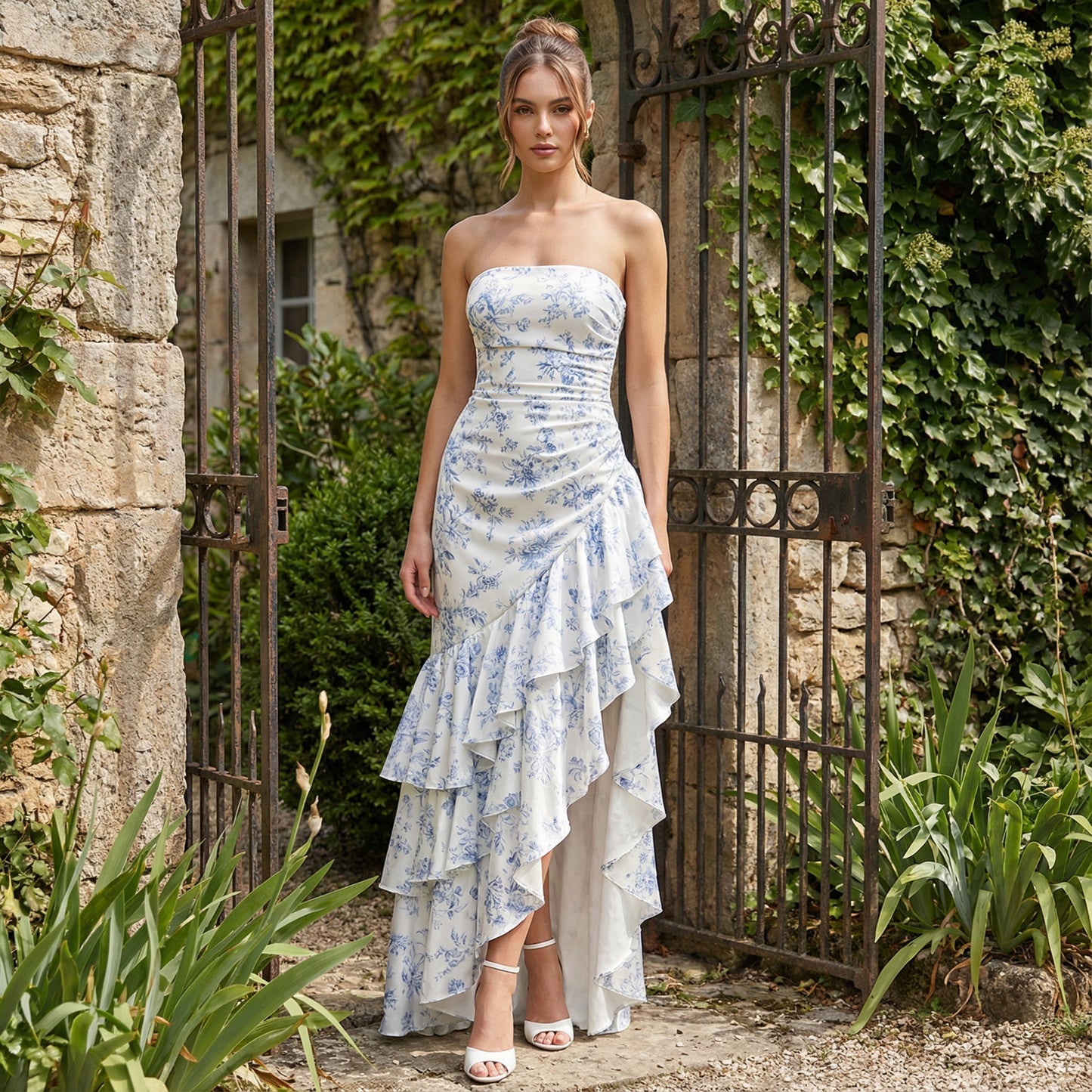Xyrelle - Vestido maxi sin mangas con abertura y volantes