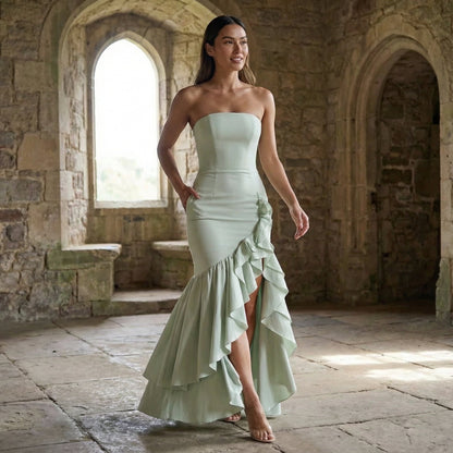 Xyrelle - Vestido maxi sin mangas con abertura y volantes