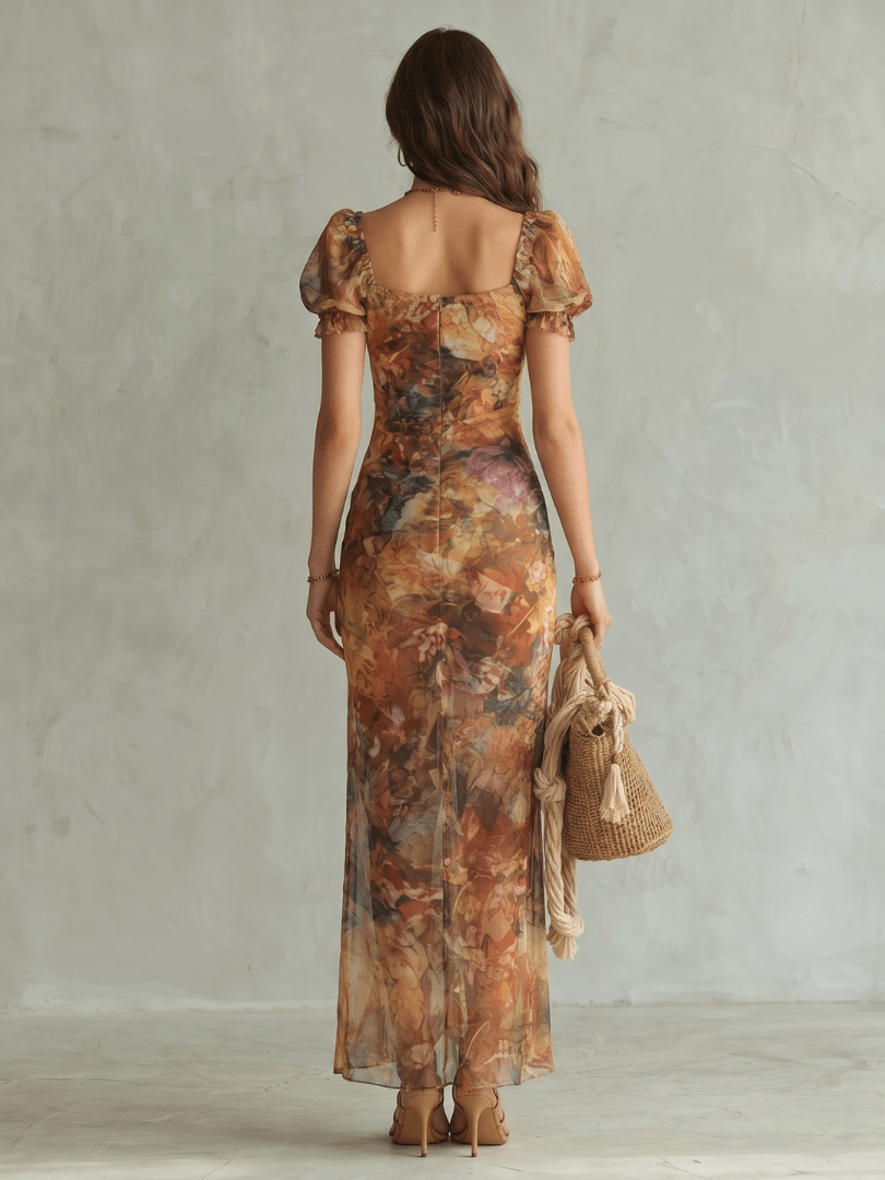 Ciel | Vestido Midi con Mangas Fruncidas y Abertura