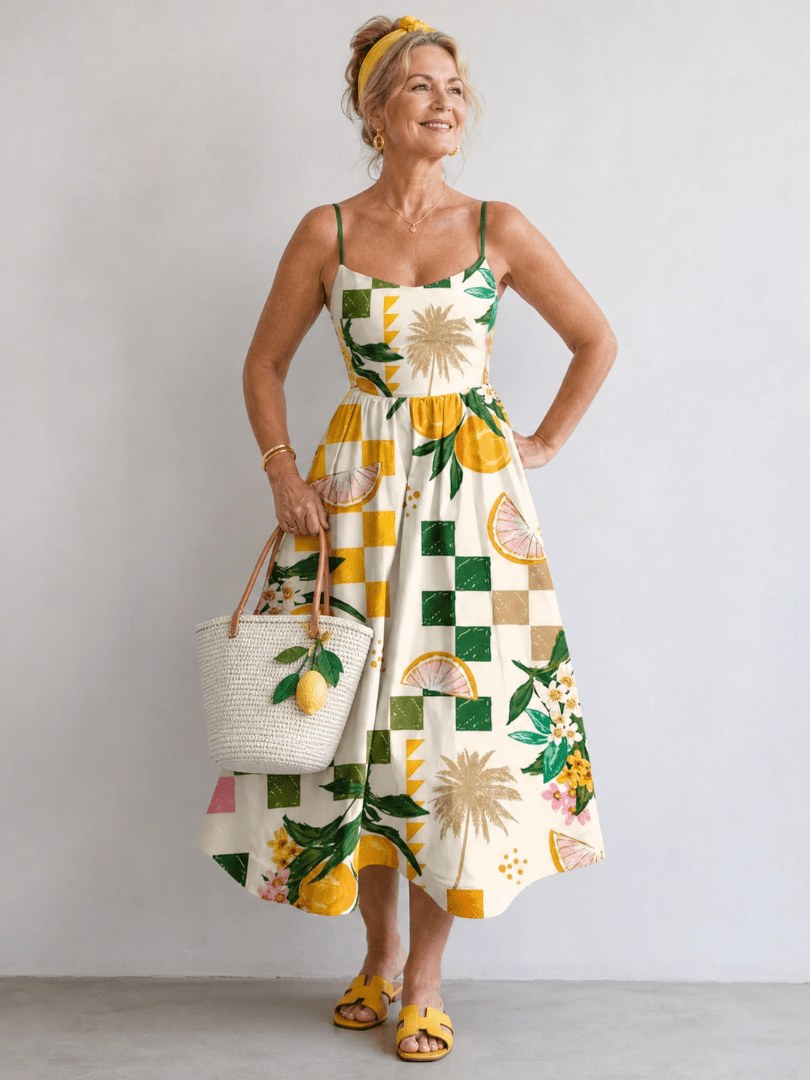Aurexia | Vestido Midi sin Mangas con Estampado Cítrico