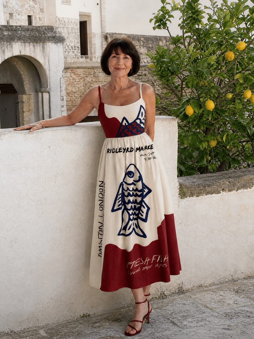 Eiope | Vestido Midi sin Mangas con Estampado de Peces
