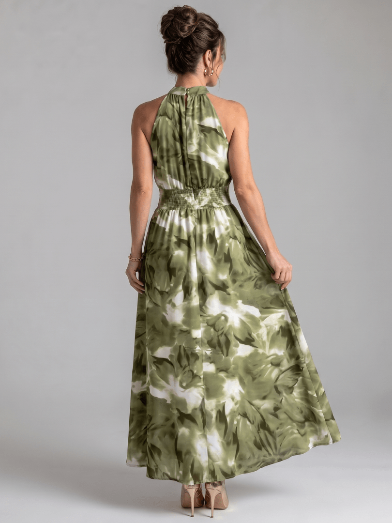 Olivia | Vestido Midi de Cintura Fruncida con Estampado Abstracto