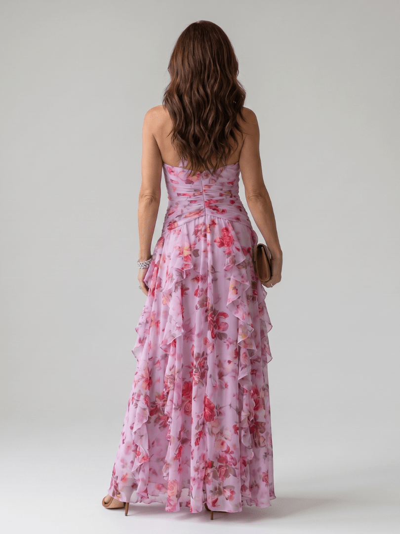 Nori | Vestido Maxi Floral con Escote Halter y Corpiño Fruncido