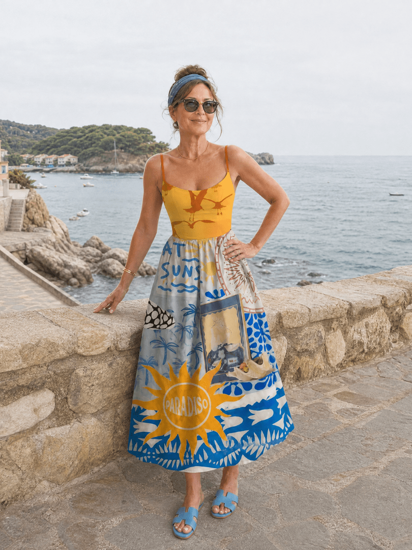 Zarman | Vestido Midi sin Mangas de Estampado Costero