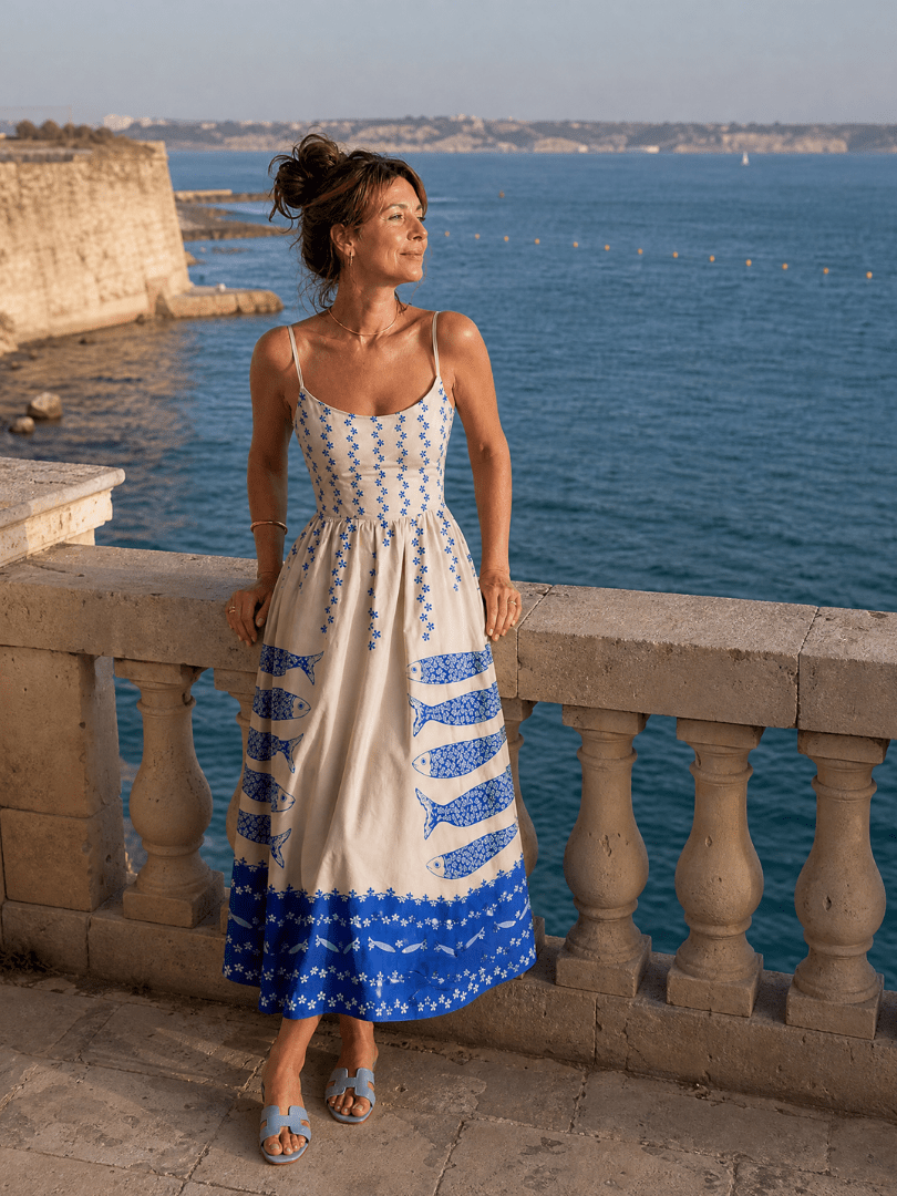 Mukara | Vestido Midi sin Mangas con Estampado de Peces