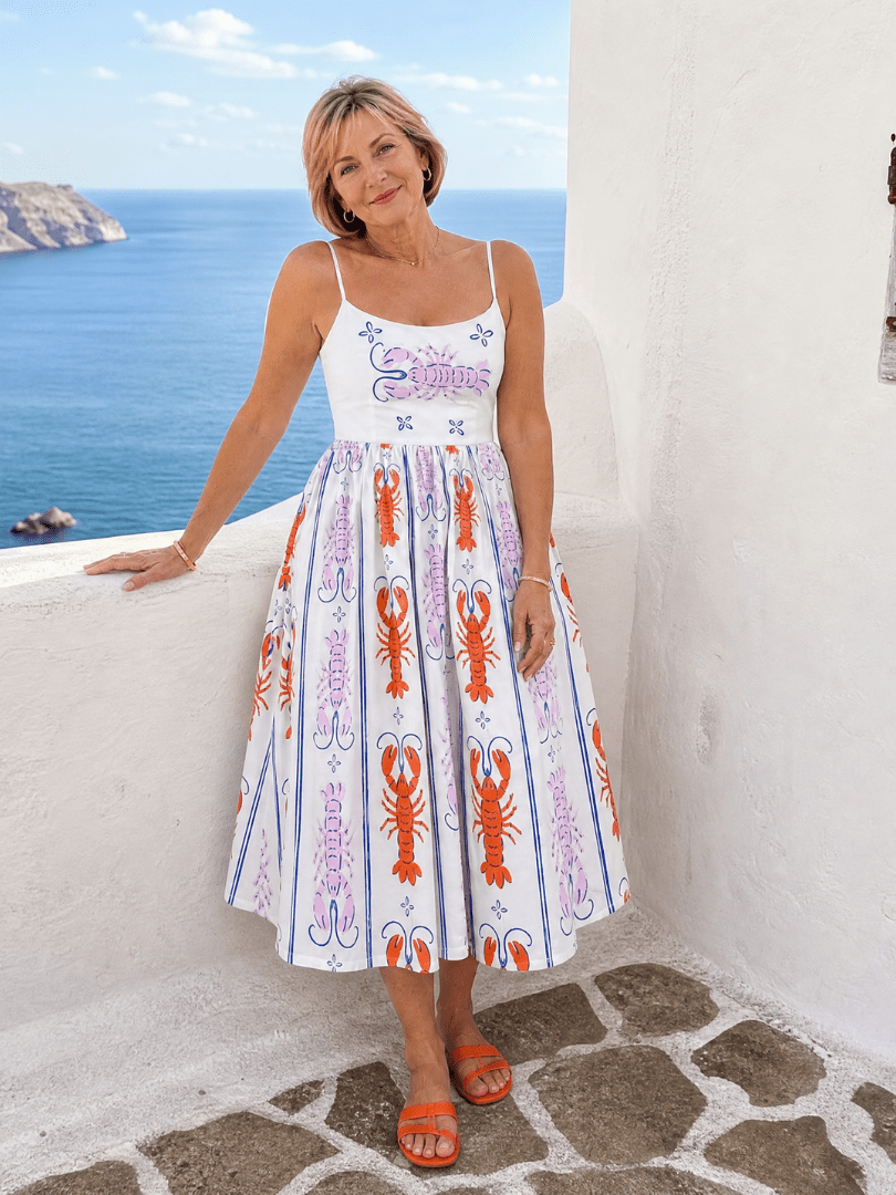 Coralyse | Vestido Midi sin Mangas con Estampado de Langosta