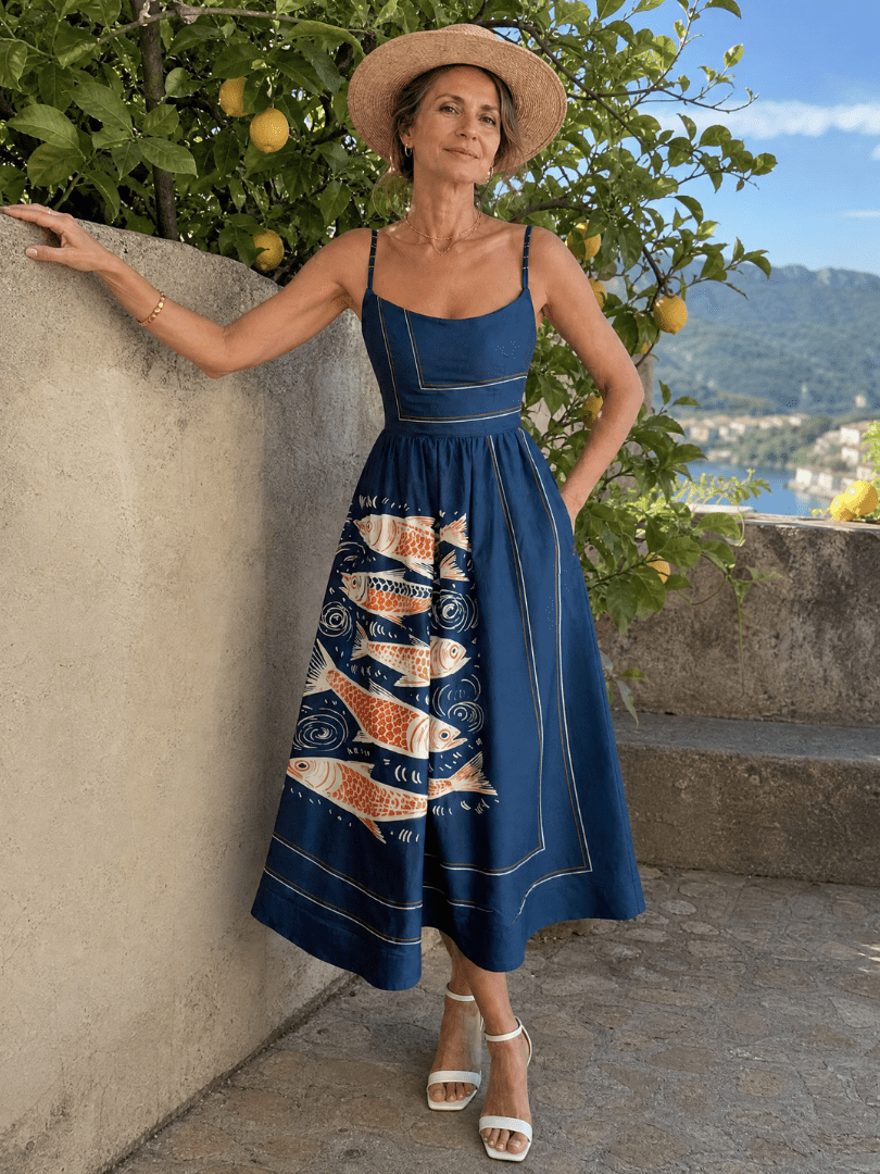 Calythene | Vestido Midi sin Mangas con Estampado de Peces